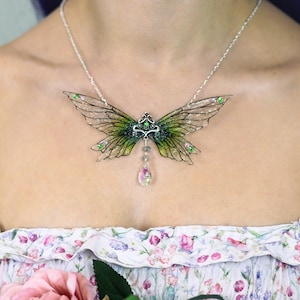 Enchanting Green Fairy Wing Necklace - Fantasy Butterfly Statement Pendant