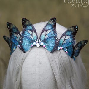 Enchanting Blue Fairy Wing Crown: Fantasy Butterfly Tiara for Renaissance Fairs, Adult Fairy Costumes and Boho Fairytale Weddings