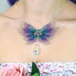 Enchanting Purple and Blue Fairy Wing Necklace - Cicada Butterfly Statement Pendant