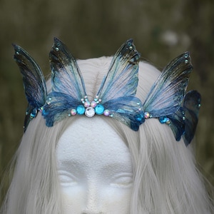 Fairy Wing Crown Tiara - Fairy Mermaid Diadem - Fairy Costume - Elven - Festival Crown - Bridal Wedding - Renaissance Fair - Blue