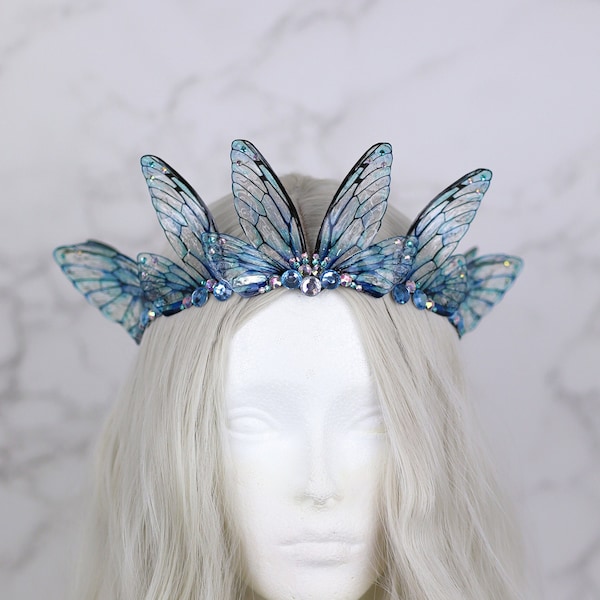 Fairy Crown Diadem Bright Ocean Blue Fairy Wing Cicada Tiara - Fairy Costume - Elven Tiara - Festival Crown - Bridal Renaissance Wedding