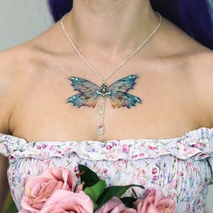 Fairy Wing Necklace - Cicada Butterfly Pendant - Fancy Wild Blue Gold - Fairy Gift - Fairy Kei - Fairycore - Festival Wear - Renaissance