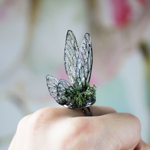 Fairy Wing Butterfly Cicada Insect Ring - Gothic Black Grunge - Fairycore Goblincore - Festival - Renaissance Fair - Mori Kei