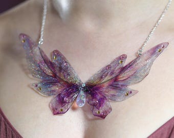 Unique Fairy Wing Collar Necklace - Fantasy Rainbow Butterfly Statement Pendant