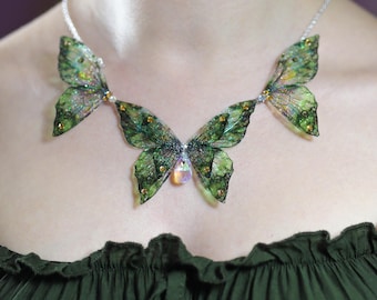 Fairy Wing Statement Necklace - Green Butterfly Collar, Fairycore Jewelry