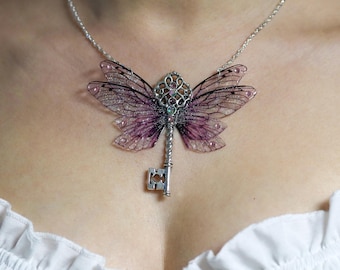 Spring Pink Fairy Wing Key Necklace: Fantasy Fairycore Pendant