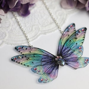 Fairy Wing Necklace - Cicada Butterfly Pendant - Holo Rainbow Pink Purple - Fairy Kei - Fairycore - Cottagecore - Mori Kei - Festival Wear