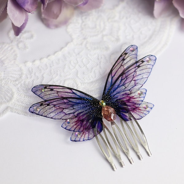 Fairy Wing Hair Comb - Cicada Butterfly Hairpiece - Vintage Bridal Comb - Purple Pink - Fairycore - Fairy Gift - Bridal Wedding - Mori Kei