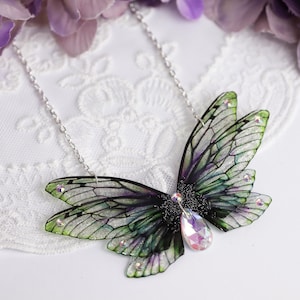 Enchanting Bright Green Fairy Wing Necklace: Fantasy Butterfly Pendant