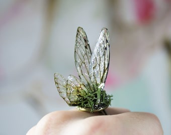 Fairy Wing Butterfly Cicada Insect Ring - Natural Gold Sparkle - Fairycore - Gifts For Her - Festival Wear - Renaissance - Fairy Kei