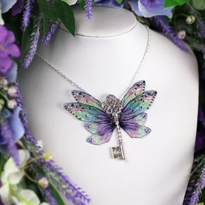 Fairy Wing Key Necklace - Cicada Butterfly Pendant - Holo Rainbow Winged Key - Fairy Gift - Fairycore - Fairy Kei - Cottagecore Necklace