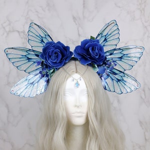 Enchanting Blue Rose Fairy Wings & Flower Crown: Butterfly Headpiece for Fantasy Festivals, Weddings, and Adult Cosplay