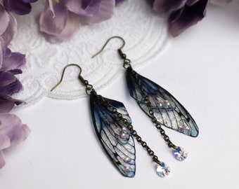Enchanting Blue Fairy Wing Earrings: Cicada Butterfly Dangle Earrings - Renaissance Fair, Fairycore, Mori Kei & Goblincore - Gift For Her