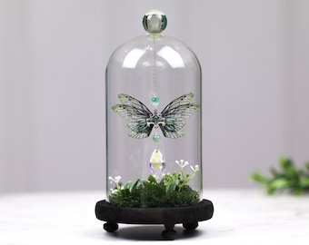 Fairy Jar Cicada Butterfly Wings Bell Jar Cloche Glass Ornament - Green Leaf - Fairy Gift - Christmas Decor - Cottagecore - Fairycore