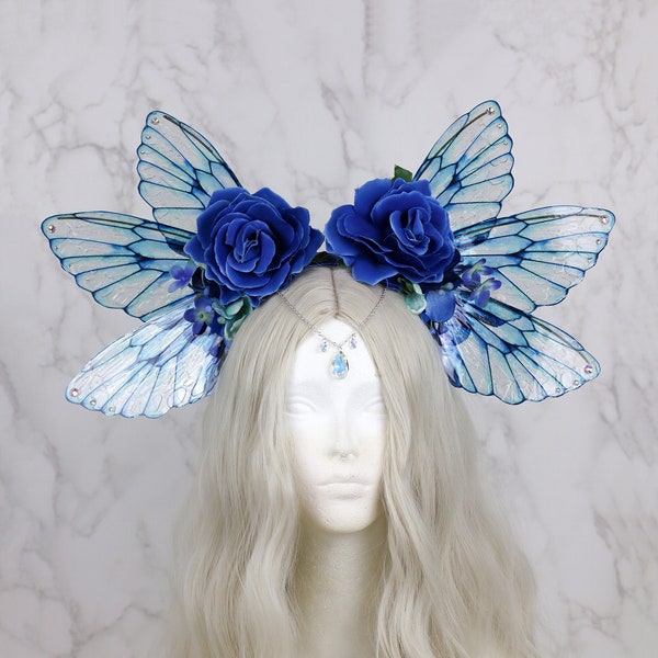 Ailes de fée couronne de fleurs papillon festival casque - rose bleu vif - costume de fantaisie pour adulte mariée Renaissance hypnotisant