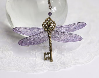 Fairy Wing Dragonfly Key - Winged Key Necklace Pendant - Purple Bronze - Fairy Gift - Fairycore - Fairy Kei - Mori Kei - Renaissance Fair