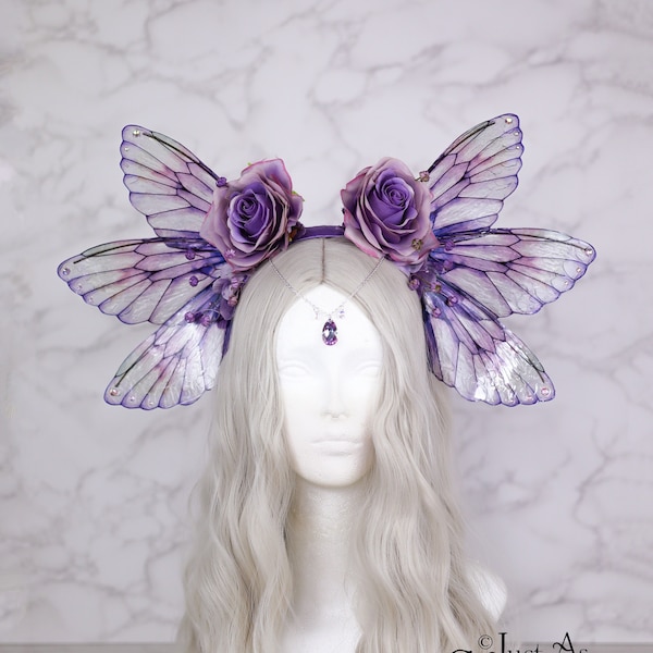 Fairy Wings Flower Crown Festival Butterfly Headpiece - Lilac Purple Rose - Renaissance Fair - Bridal - Adult Fantasy Costume Fairycore