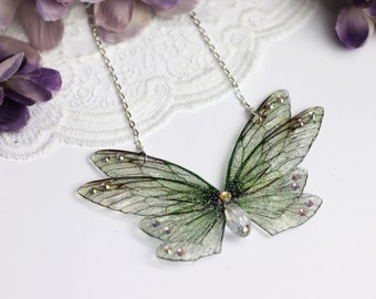 Fairy Wing Necklace - Cicada Butterfly Pendant - Willow Green - Fairycore - Fairy Kei - Mori Kei - Renaissance Fair - Fantasy Necklace