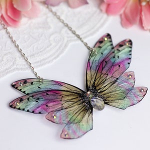 Fairy Wing Cicada Butterfly Necklace Pendant - Peachy Holo Rainbow - Mori Kei Fairycore Gift Festival Wear - Renaissance Fair