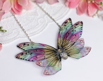 Fairy Wing Cicada Butterfly Necklace Pendant - Peachy Holo Rainbow - Mori Kei Fairycore Gift Festival Wear - Renaissance Fair