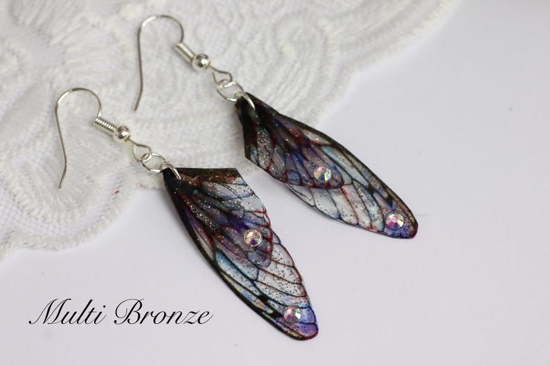 Choose Colour - Tiny Fairy Wing Earrings - Butterfly Cicada Earrings - Fairycore - Fairy Kei - Mori Kei - Pastel Goth - Renaissance Fair Multi Bronze