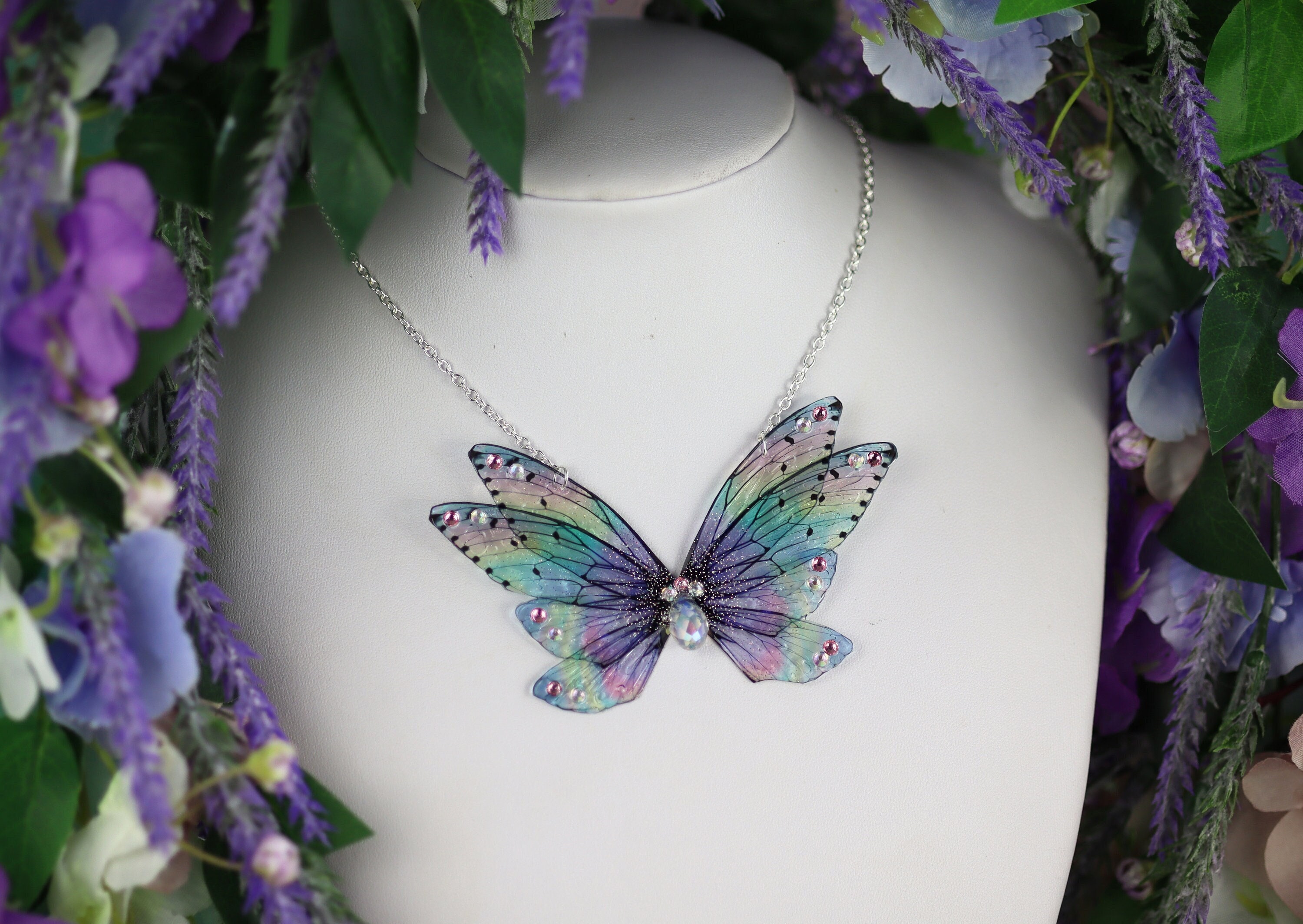 Fairy Wing Necklace Cicada Butterfly Pendant Holo Rainbow Pink