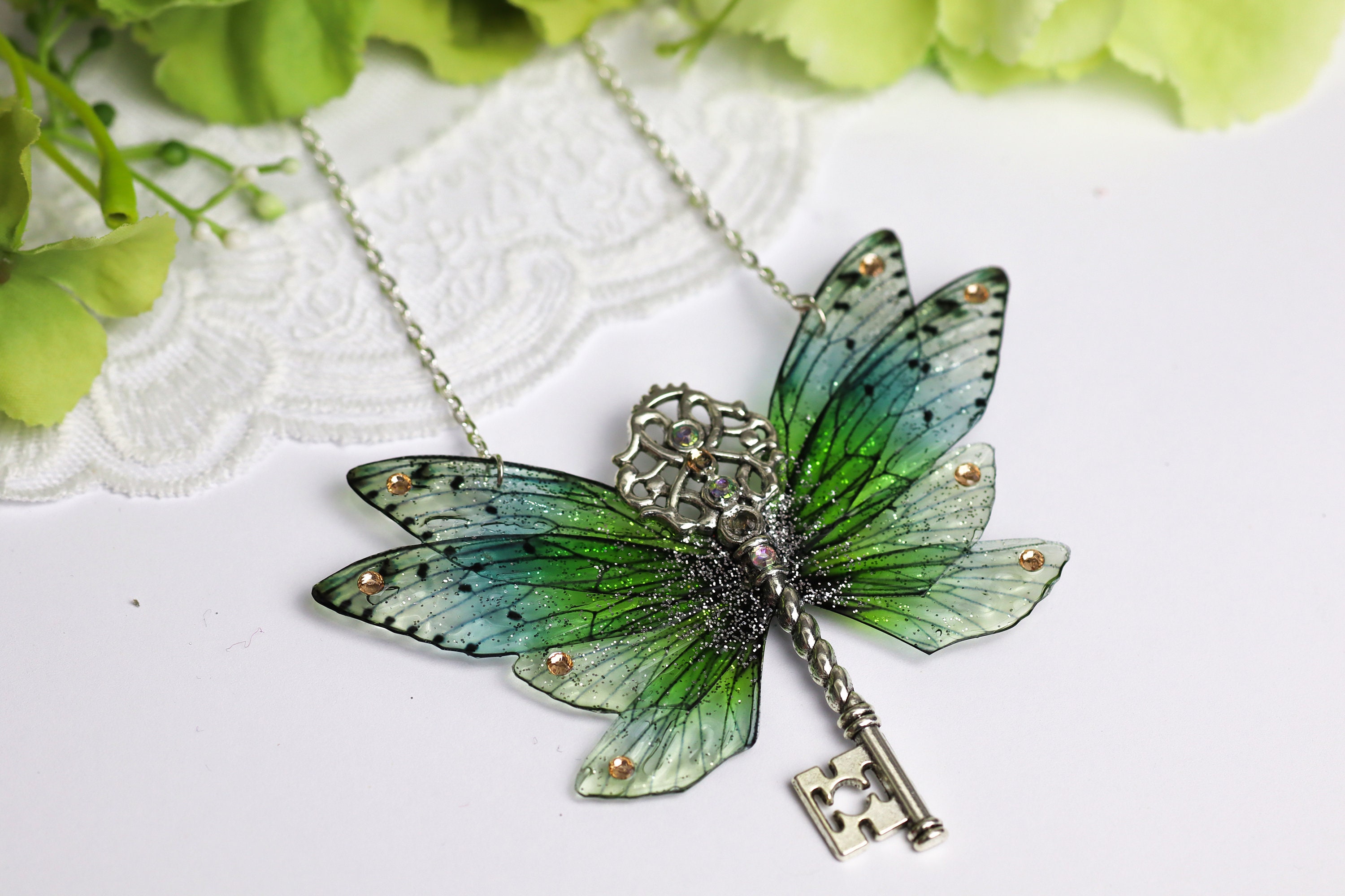 Fairy Wing Key Necklace - Cicada Butterfly Pendant - Summer Green ...