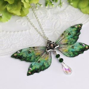 Fairy Wing Necklace - Cicada Butterfly Pendant - Fancy Green Beaded Butterfly - Fairycore - Fairy Kei - Mori Kei - Renaissance Fair Fantasy