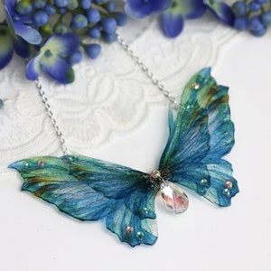 Fairy Wing Necklace - Cicada Butterfly Pendant - Blue Fantasy Butterfly - Fairy Kei - Fairycore - Pastel Goth - Mori Kei - Cottagecore