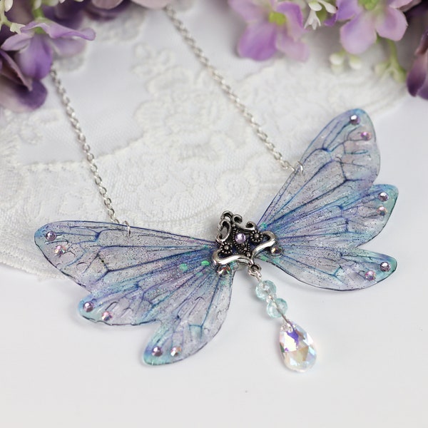 Fairy Wing Necklace - Cicada Butterfly Pendant - Fancy Soft Purple Blue - Fairy Grunge - Cottagecore - Fairy Kei - Fairycore - Festival Wear