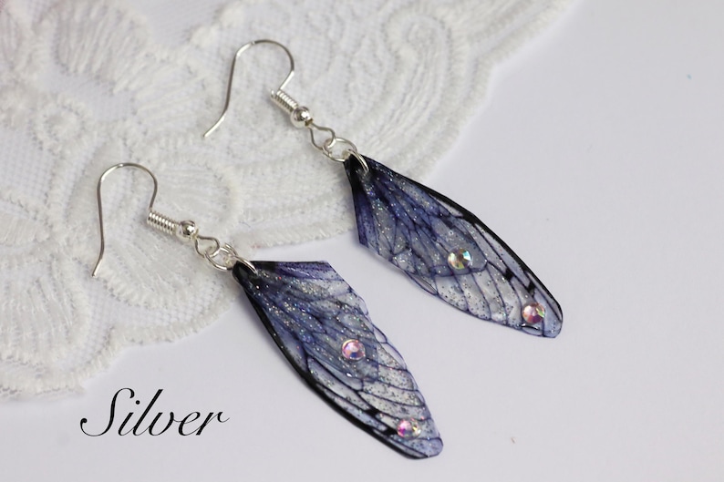 Choose Colour - Tiny Fairy Wing Earrings - Butterfly Cicada Earrings - Fairycore - Fairy Kei - Mori Kei - Pastel Goth - Renaissance Fair Silver