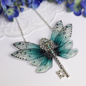 Fairy Wing Necklace - Cicada Butterfly Pendant - Sky Blue Winged Key - Fairy Kei - Fairycore - Cottagecore - Fairy Gift - Festival Wear
