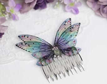 Pastel Rainbow Cicada Butterfly Fairy Wing Hair Comb – Bridal Fairycore Cottagecore Boho Wedding Hairpiece