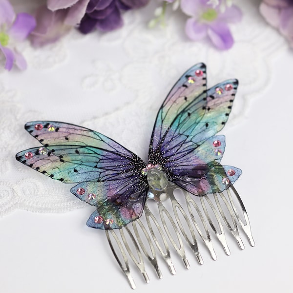 Pettine per capelli ad ala di fata - Farfalla Cicala - Pezzo di capelli da sposa - Fairycore - Fata Kei - Cottagecore - Holo Rainbow - Sposa Boho - Goth pastello