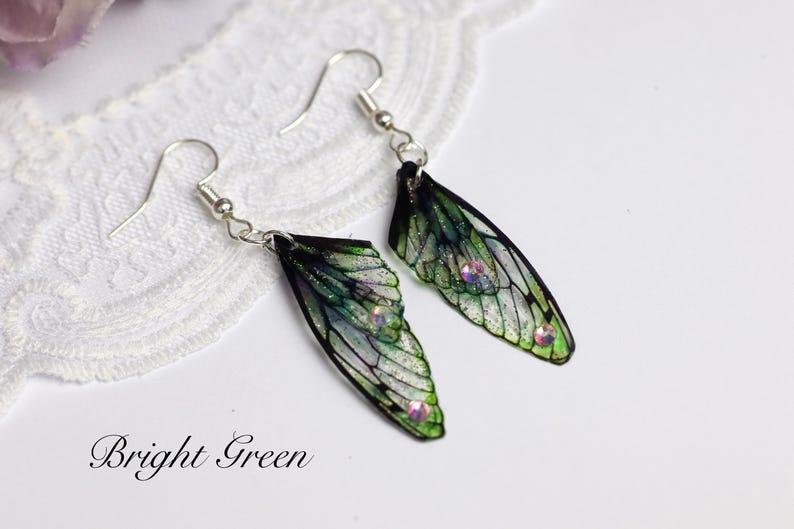 Choose Colour - Tiny Fairy Wing Earrings - Butterfly Cicada Earrings - Fairycore - Fairy Kei - Mori Kei - Pastel Goth - Renaissance Fair Bright Green