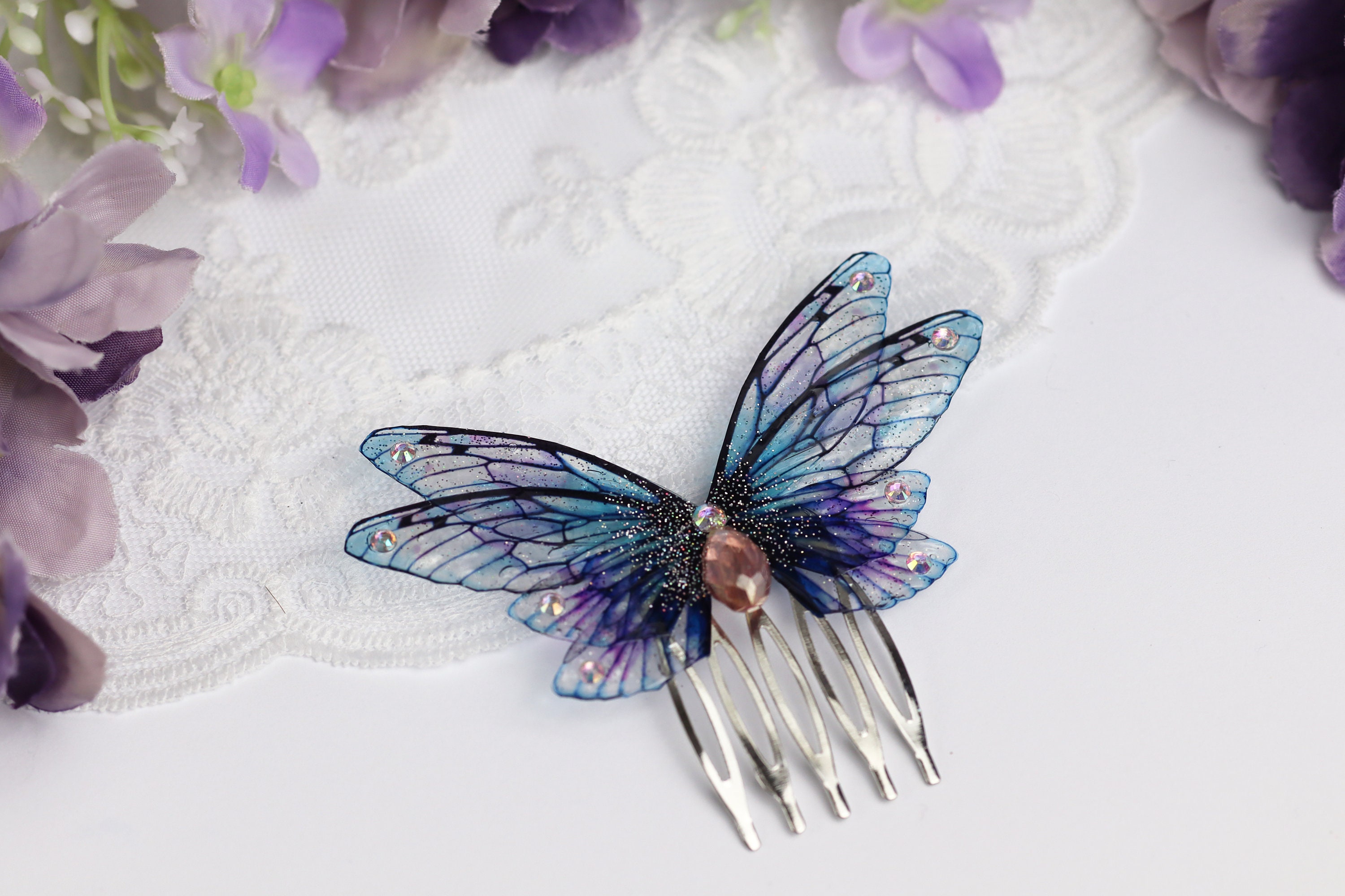 Fairy Wing Hair Comb - Vintage Cicada Butterfly - Bridal Hair Piece - Fairycore - Fairy Kei - Cottagecore - Blue Pink - Boho Bride