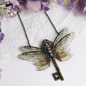 Enchanting Soft Gold Natural Fairy Wing Key Necklace: Fantasy Fairycore Pendant