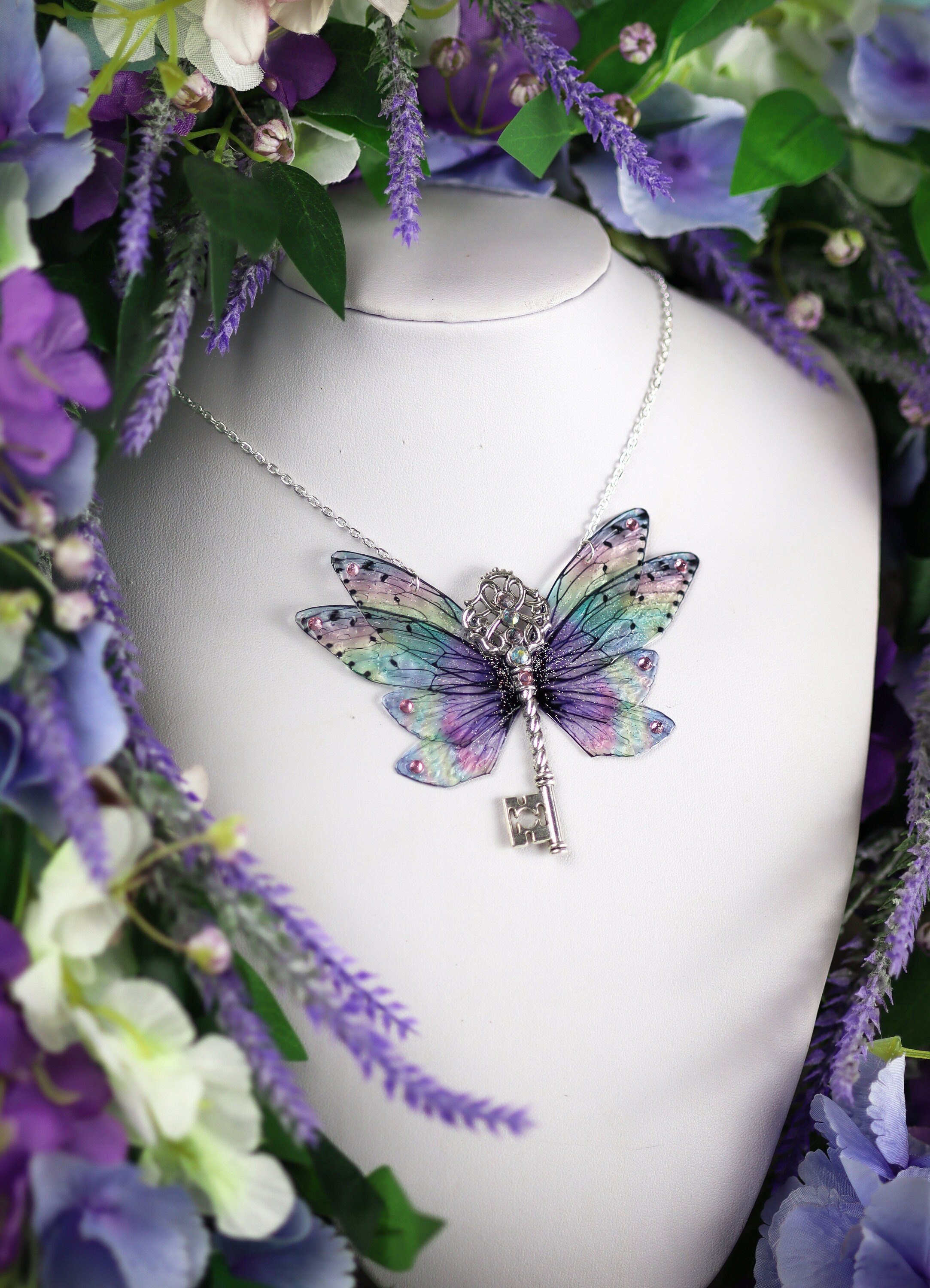 Fairy Wing Key Necklace - Cicada Butterfly Pendant - Holo Rainbow ...