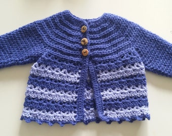 Crochet baby jacket, lobelia and lavender