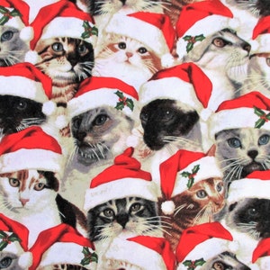 May include: A repeating fabric pattern featuring various cat breeds, each wearing a red and white Santa hat adorned with a small green holly leaf and red berry accent. The cats have diverse fur colors including tabby, calico, and Siamese patterns.