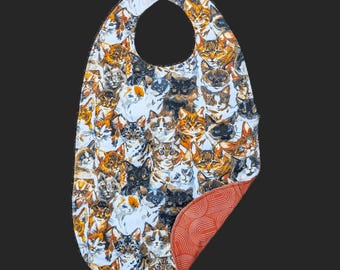 Adult Bib Cat Lover, Fully Lined, Extra Long, Water Resistant, Cotton Fabric