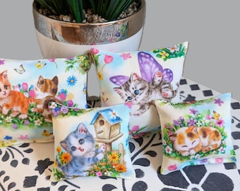 Cat Pillow Toys Kittens in Garden, Tiered Tray Shelf Decor