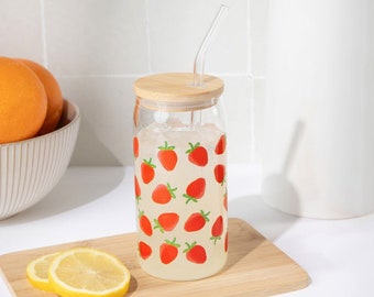 Fraise 17 oz. Gobelet en verre à canette | 17 oz. Gobelet en verre avec paille en verre et couvercle en bambou | Verre à café glacé pour la maison ou le voyage