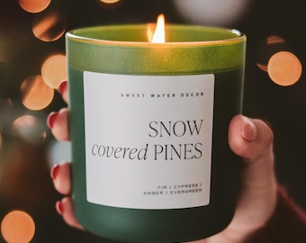 Snow Covered Pines Christmas Candle - Pine Candle Christmas Decor - Soy Winter Candle, 15oz Green Jar - Christmas Gifts, Holiday Decor