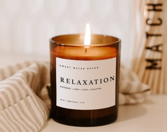 Relaxation Soy Candle | 11oz Amber Jar Candle | Spa Candle | Stress Relief | Gift for Her | Farmhouse Decor | Eucalyptus, Peppermint Scented