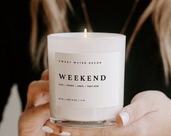 Weekend Soy Candle | White Jar + Wood Lid | Fresh Lavender Oakmoss Scented Candle | Relaxation Candle | Spa Candle