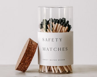 Medium Black Hearth Matches | Glass Jar, 4" Matchsticks, 100 Count, Fireplace Match Bottle, Matches and Striker, Large Safety Matches