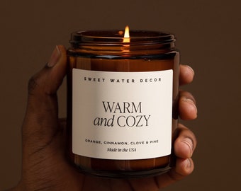 Warm and Cozy Soy Candle: Orange, Cinnamon, Clove, Pine Scented Candle for Christmas, 9oz Amber Jar