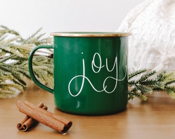 Joy Campfire Mug | Christmas Mug, Coffee Mug, Enamel Mug, Campfire Mug, Christmas Coffee Mug, Holiday Mug, Hot Chocolate Mug, Green Mug