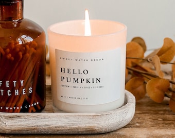 Hello Pumpkin White Jar Candle + Wood Lid | Fall Scented Candle | Pumpkin Candle | Soy Candles | Autumn Candle | Pumpkin Spice Latte